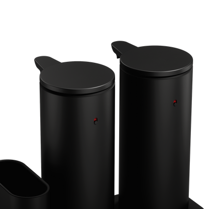 Detail view of Simplehuman Matte Black Dual Sensor Pump 14 oz., showing twin rechargeable, touch-free dispensers.
