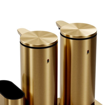 Detail view of Simplehuman Brushed Brass Dual Sensor Pump 14 oz., emphasizing brushed metal tops and twin touch-free sensors.
