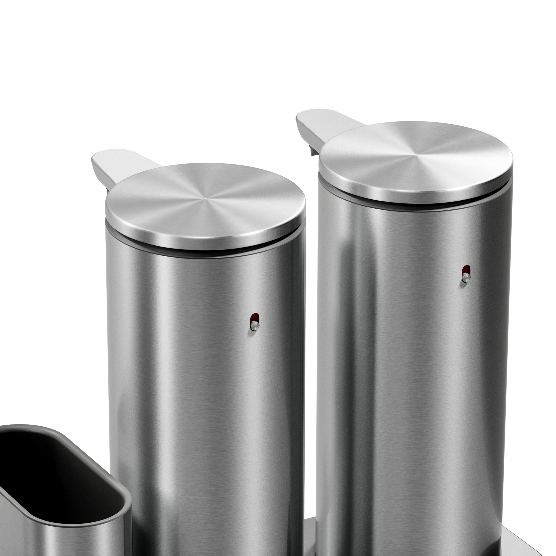 Close-up: Simplehuman Dual Sensor Pump 14 oz. in Brushed Stainless Steel, showing rechargeable, twin touch-free dispensers.