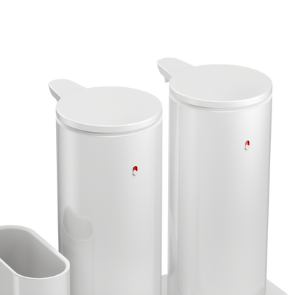 Close-up of Simplehuman White Dual Sensor Pump 14 oz., highlighting the two rechargeable, touch-free dispensers.
