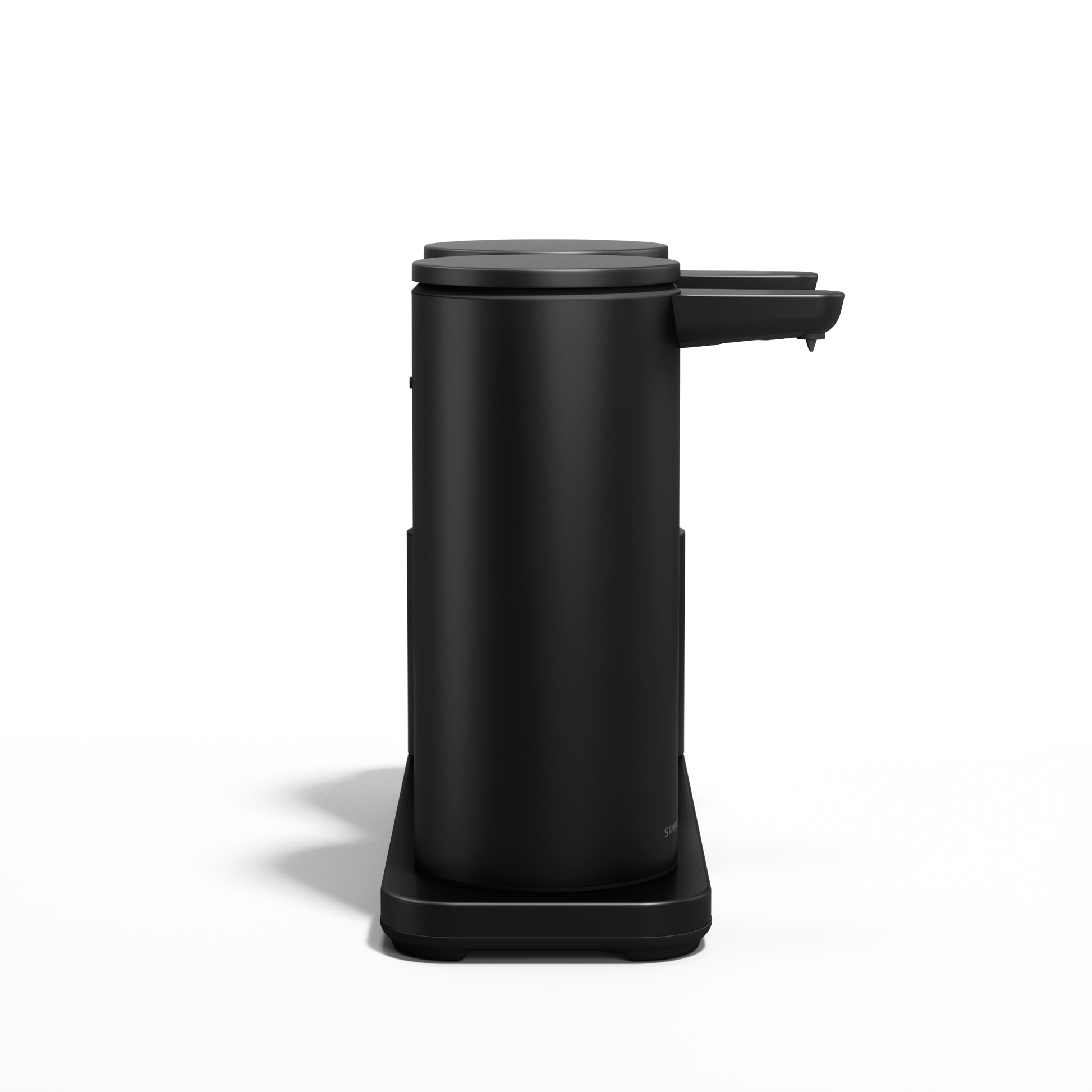 Side view of Simplehuman Matte Black Dual Sensor Pump 14 oz. with Caddy, rechargeable and hands-free.