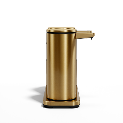 Profile studio view: Simplehuman Brushed Brass Dual Sensor Pump 14 oz. with Caddy, twin rechargeable hands-free dispensers.