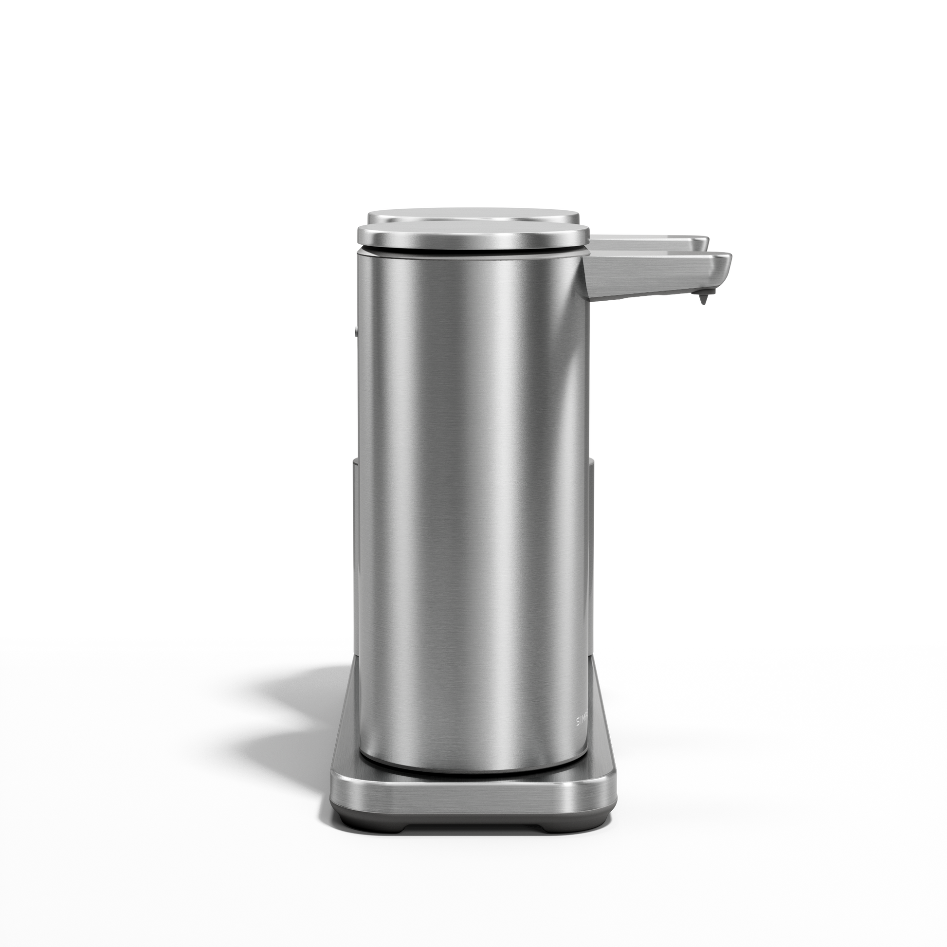 Side view of Simplehuman Brushed Stainless Steel Dual Sensor Pump 14 oz. on caddy, rechargeable and touch-free.