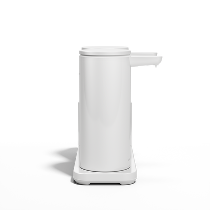 Profile view of Simplehuman White Dual Sensor Pump 14 oz. with Caddy, rechargeable, hands-free dispenser.