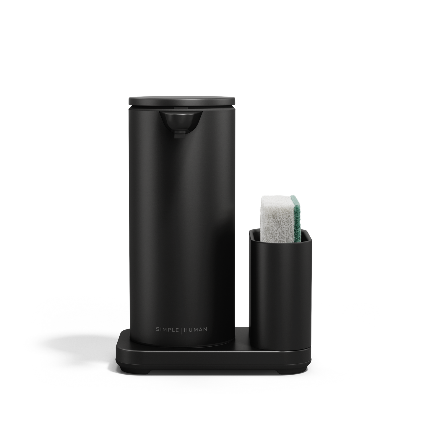 Simplehuman Matte Black 14 oz Sensor Pump + Caddy, touch-free dispenser with integrated sponge holder.