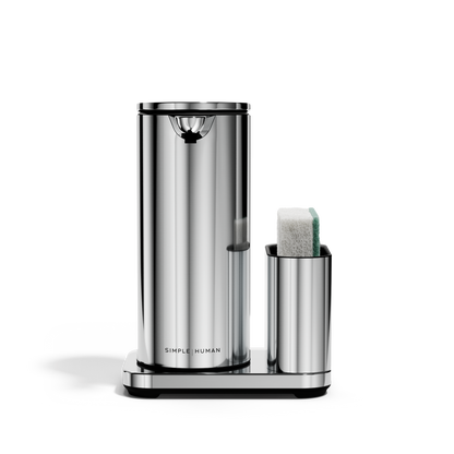 Front view: Simplehuman Polished Stainless Steel 14 oz Sensor Pump + rechargeable touch-free dispenser with removable caddy.