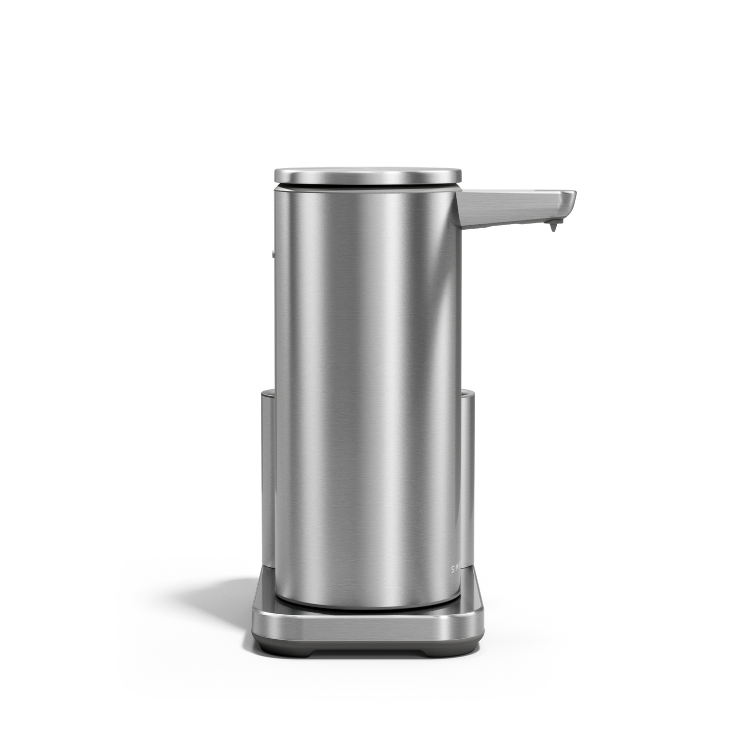 Front view: Simplehuman 14 oz Sensor Pump + Caddy, Brushed Stainless Steel, touch-free, rechargeable design.