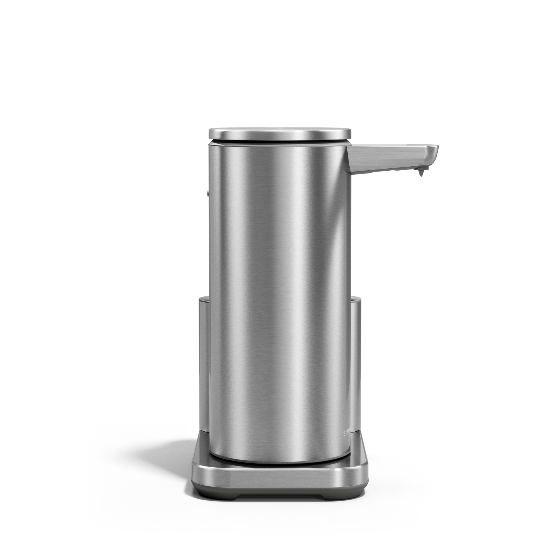 Front view: Simplehuman 14 oz Sensor Pump + Caddy, Brushed Stainless Steel, touch-free, rechargeable design.