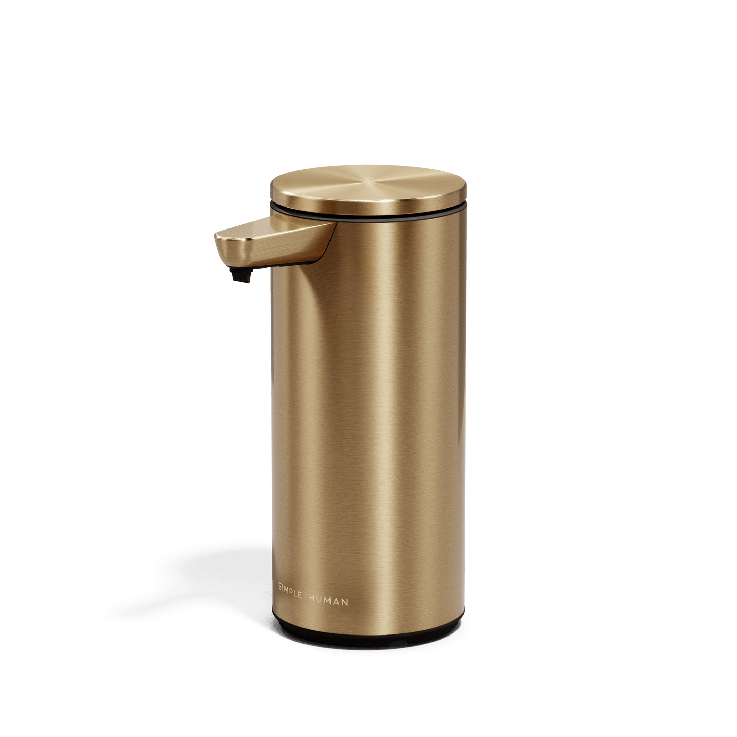 Angled view of Simplehuman 9 oz. Rechargeable Sensor Pump in Brass, hands-free operation.