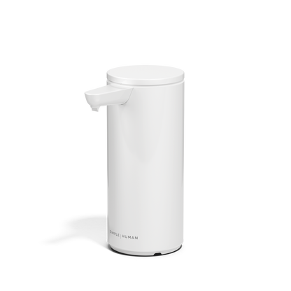 Angled view of Simplehuman 9 oz. Rechargeable Sensor Pump in White, touch-free operation.