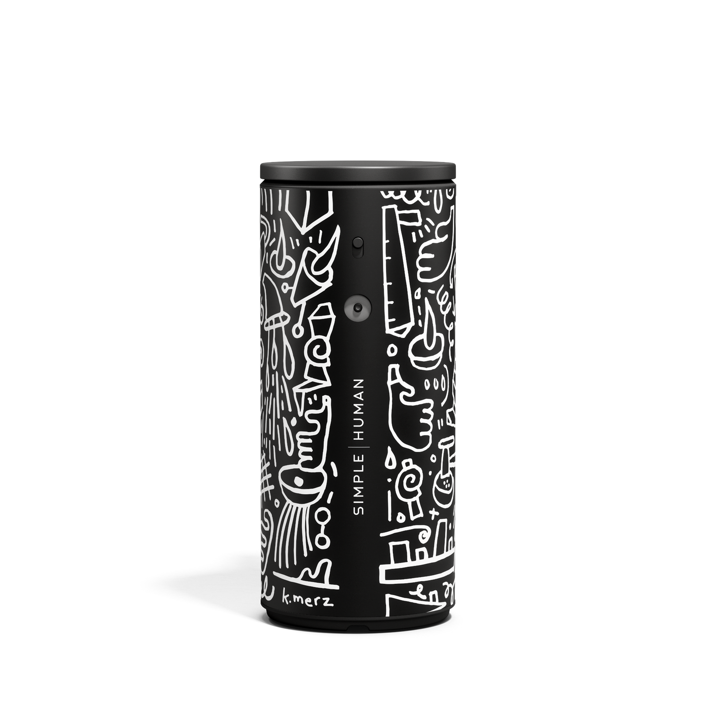Front studio view of Simplehuman 9 oz. Sensor Pump in Black Doodle Graphic, touch-free with adjustable dosage.