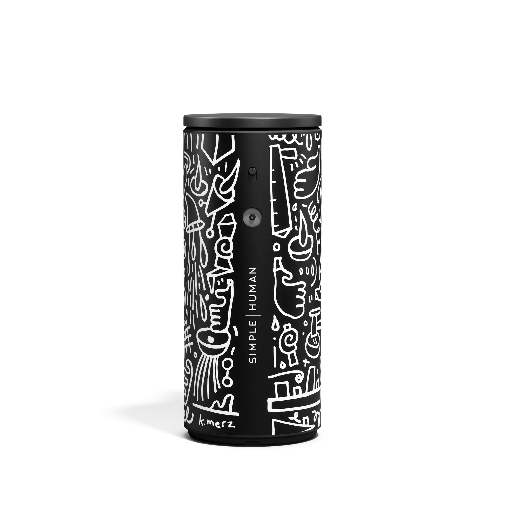 Front studio view of Simplehuman 9 oz. Sensor Pump in Black Doodle Graphic, touch-free with adjustable dosage.