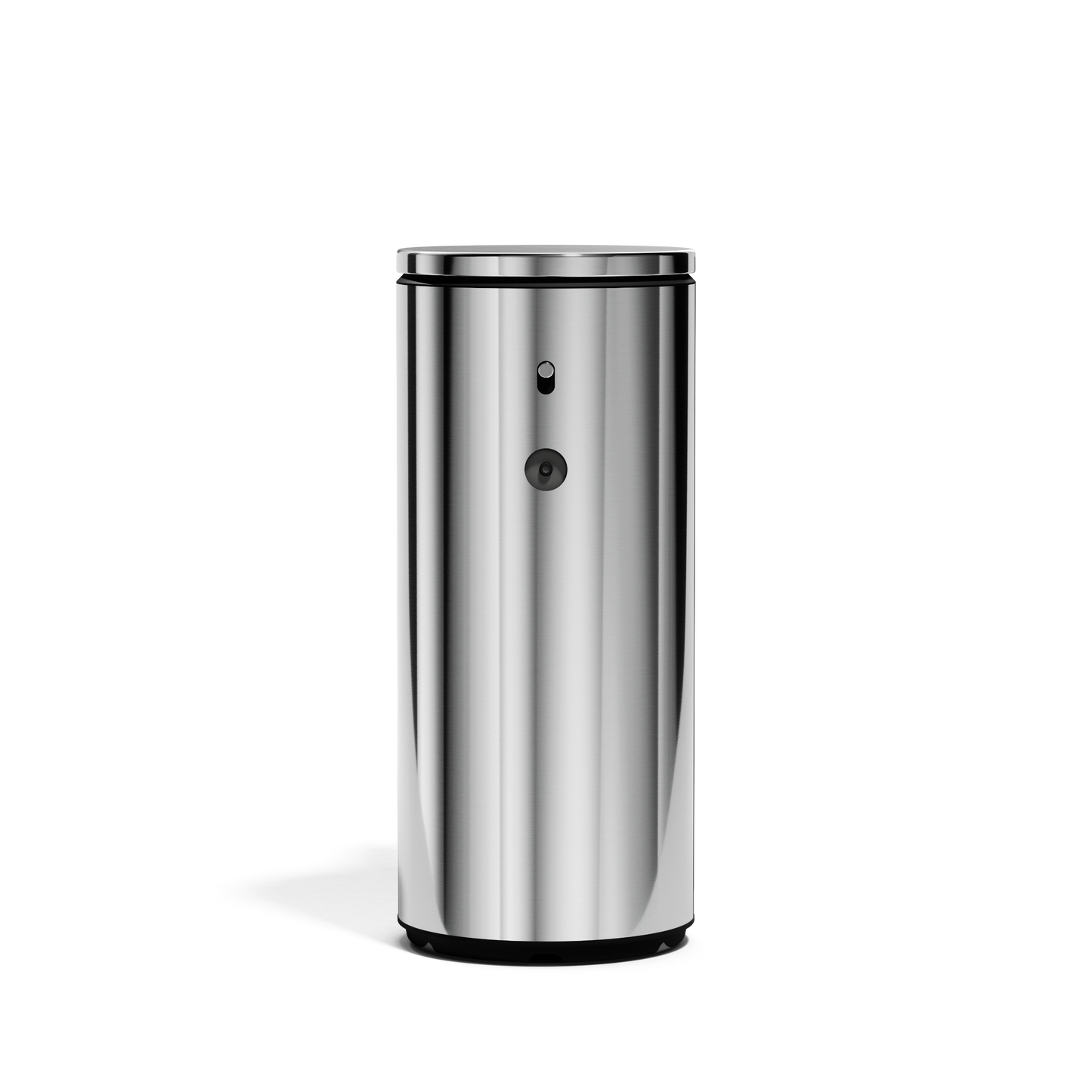 Straight-on view of Simplehuman 9 oz. Rechargeable Sensor Pump in Polished Stainless Steel, touch-free, adjustable dosage.