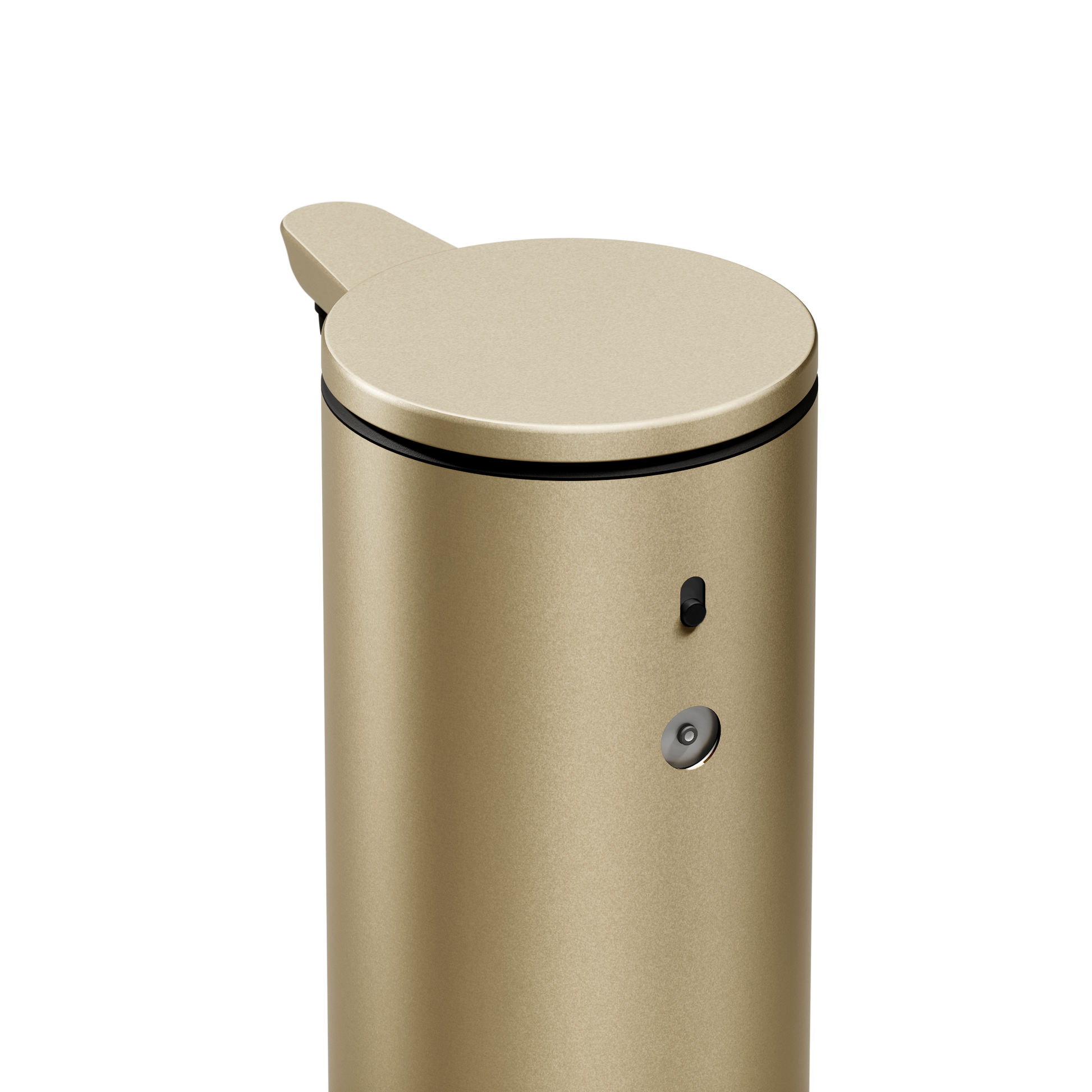 High-angle close-up of Simplehuman 9 oz. Sensor Pump in Brass, showing dosage dial and power switch.