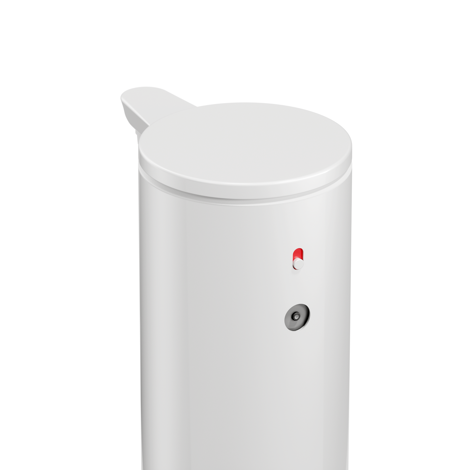 High-angle detail view of Simplehuman 9 oz. Sensor Pump (White), highlighting the dosage control switch.
