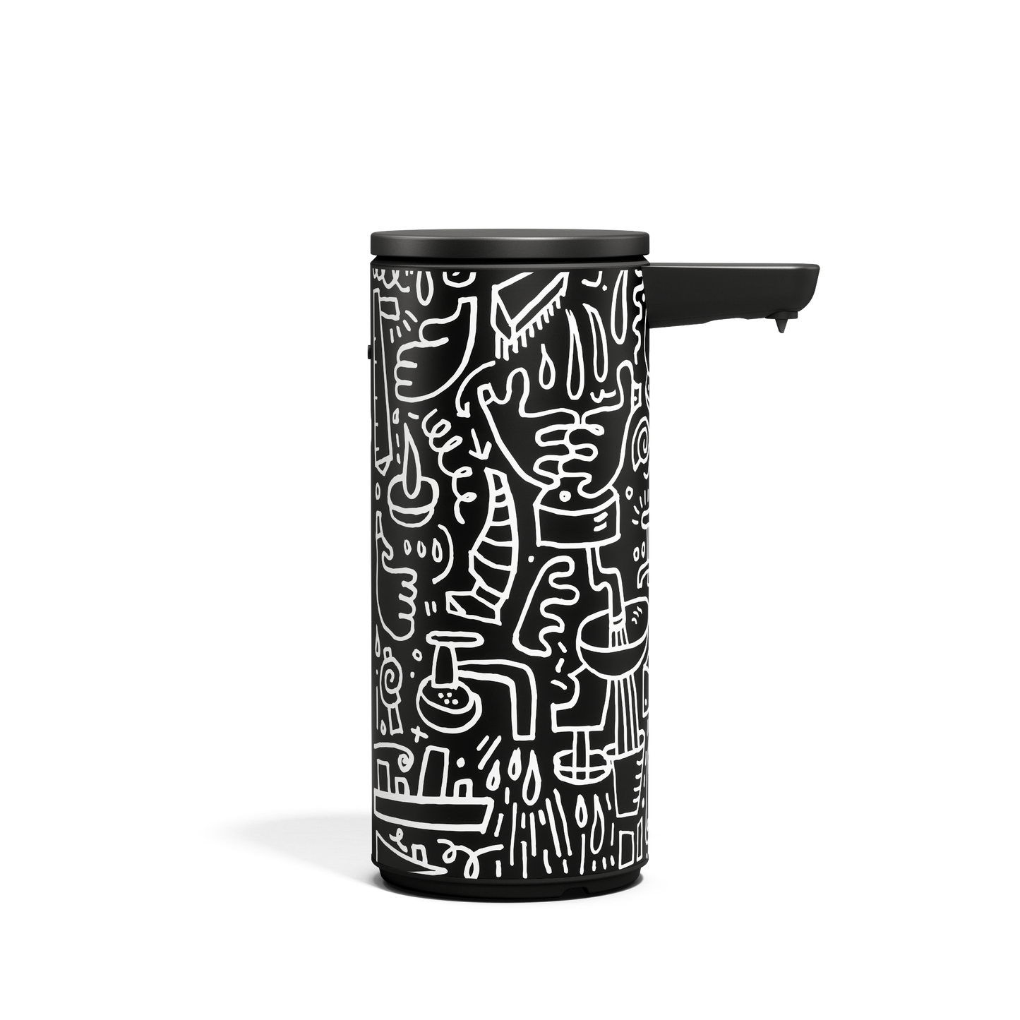 Centered profile view of Simplehuman 9 oz. Rechargeable Sensor Pump in Black Doodle Graphic, touch-free operation.