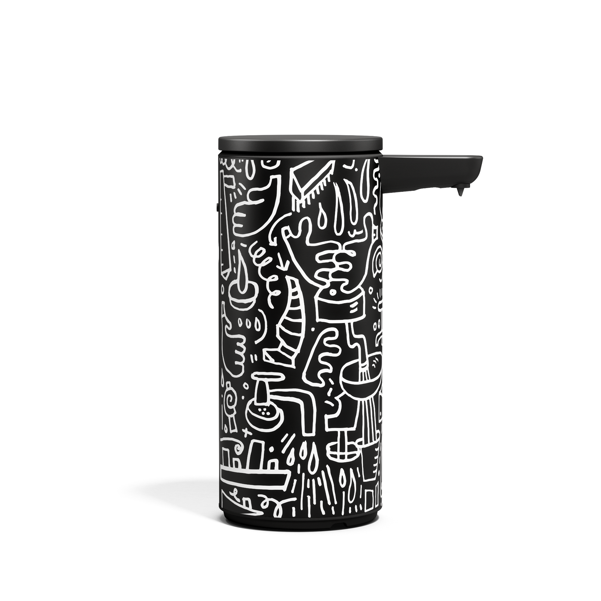 Centered profile view of Simplehuman 9 oz. Rechargeable Sensor Pump in Black Doodle Graphic, touch-free operation.