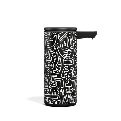 Centered profile view of Simplehuman 9 oz. Rechargeable Sensor Pump in Black Doodle Graphic, touch-free operation.