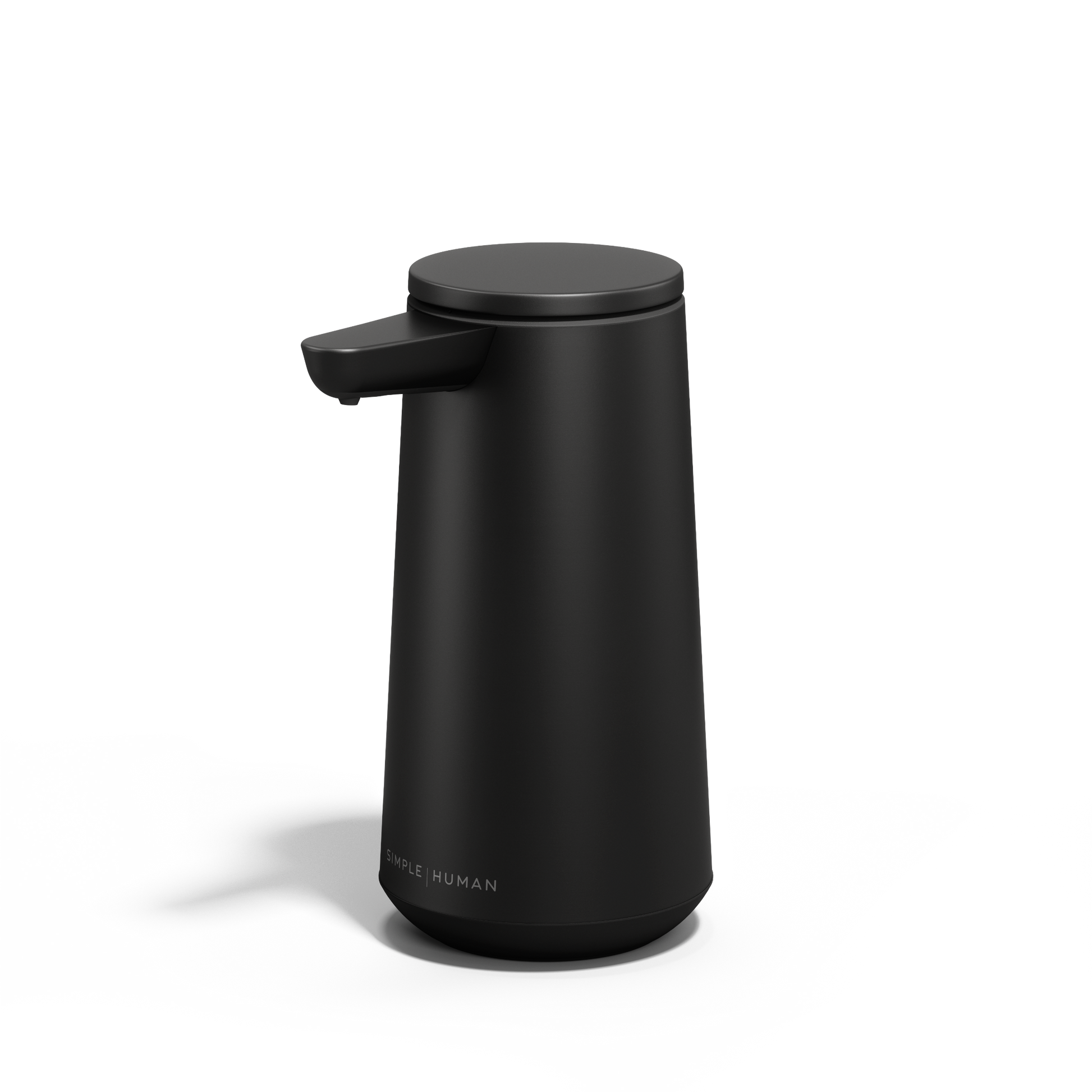 Simplehuman Matte Black Sensor Pump Foam, Angled view, touch-free foam dispensing, drip-free design.
