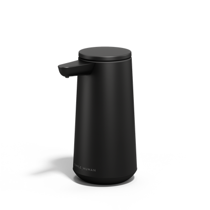Simplehuman Matte Black Sensor Pump Foam, Angled view, touch-free foam dispensing, drip-free design.