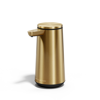 Isolated angled view of Simplehuman Brushed Brass Sensor Pump Foam, touch-free, drip-free foam dispensing.