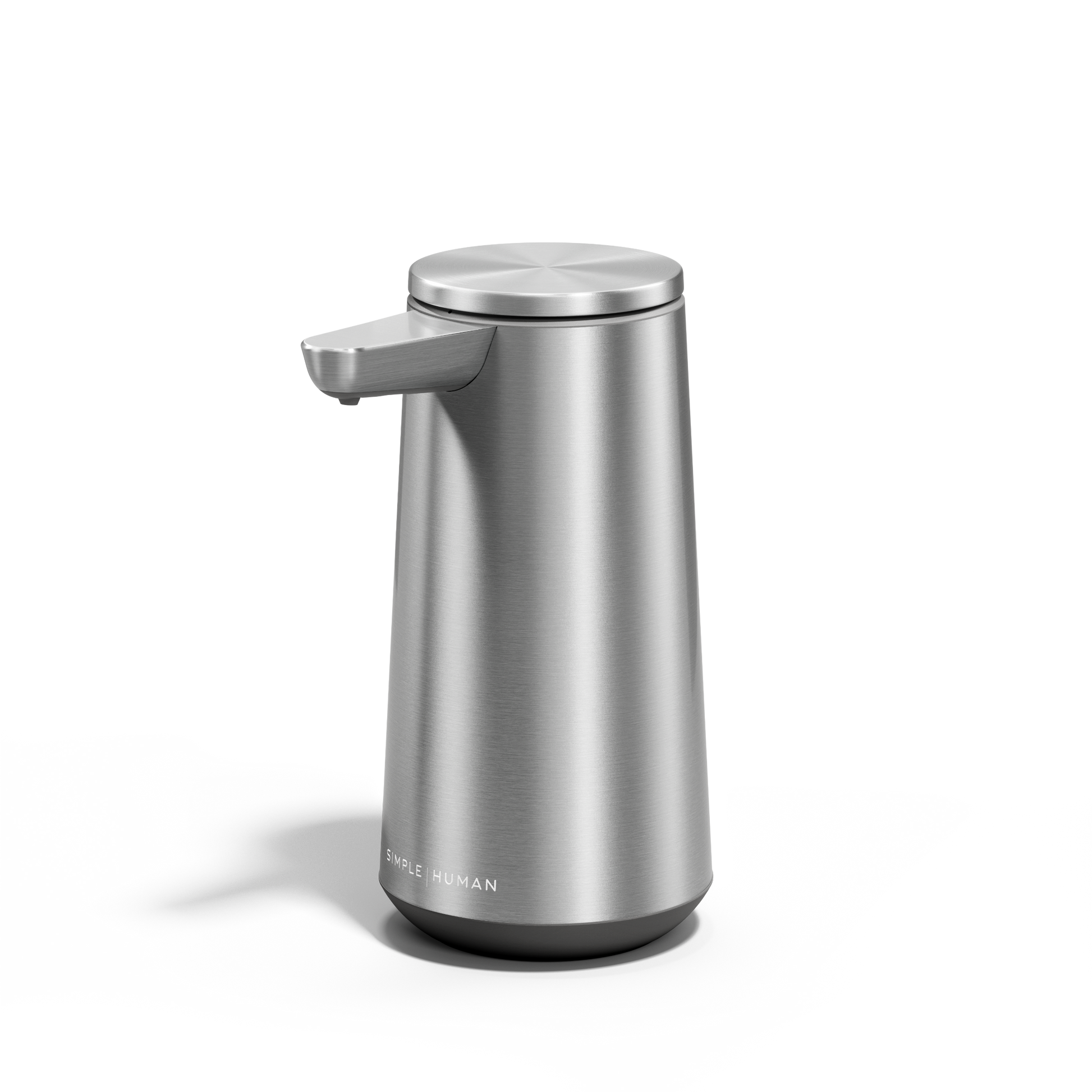 Angled view of Simplehuman Sensor Pump Foam in Brushed Stainless Steel, touch-free operation.