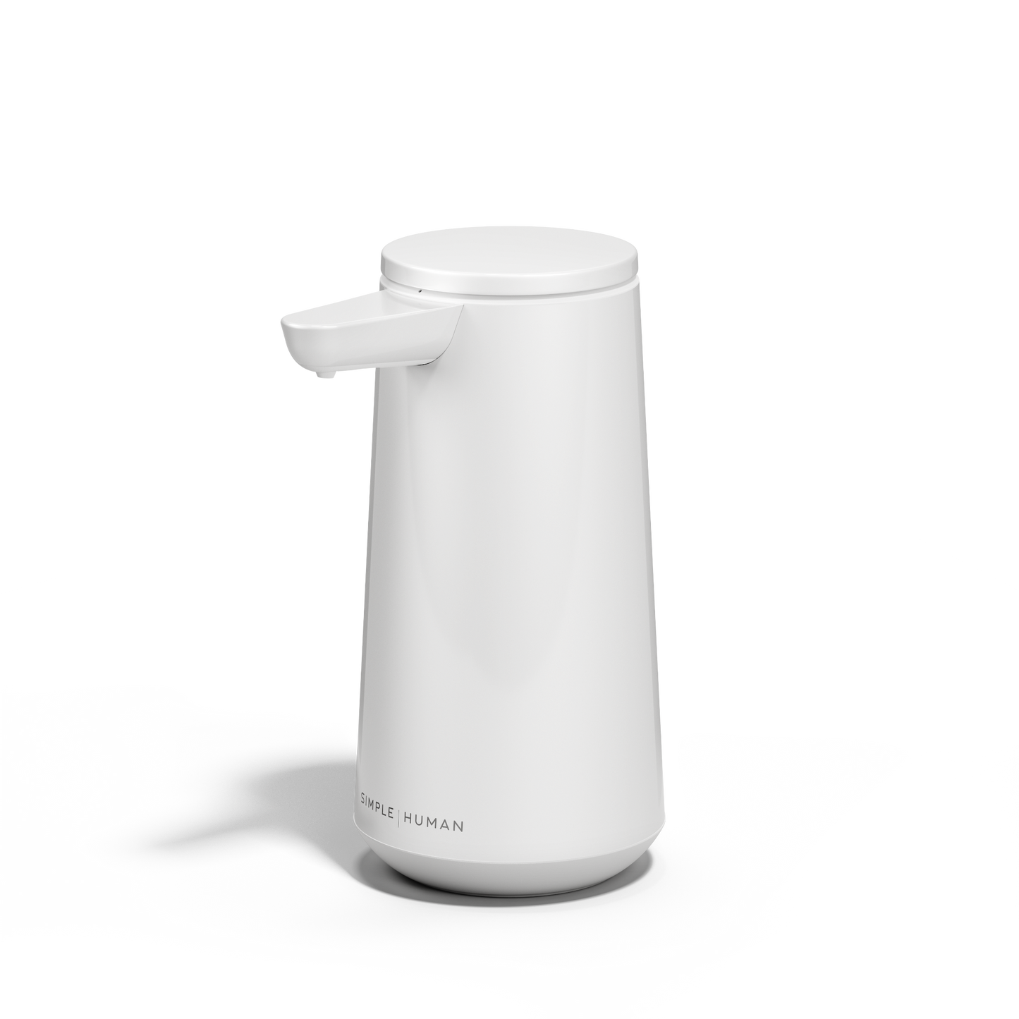 Simplehuman White Sensor Pump Foam, Angled view, touch-free foam dispensing, drip-free design.