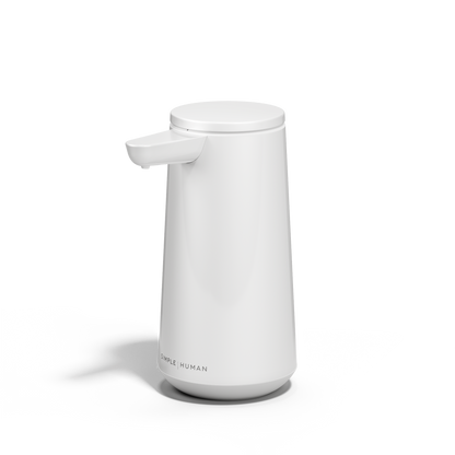 Simplehuman White Sensor Pump Foam, Angled view, touch-free foam dispensing, drip-free design.