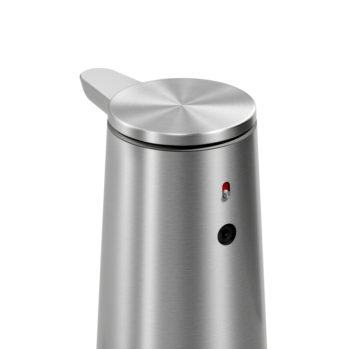 Detail view of Simplehuman Brushed Stainless Steel Sensor Pump Foam showing the sensor eye and indicator light for touch-free use.