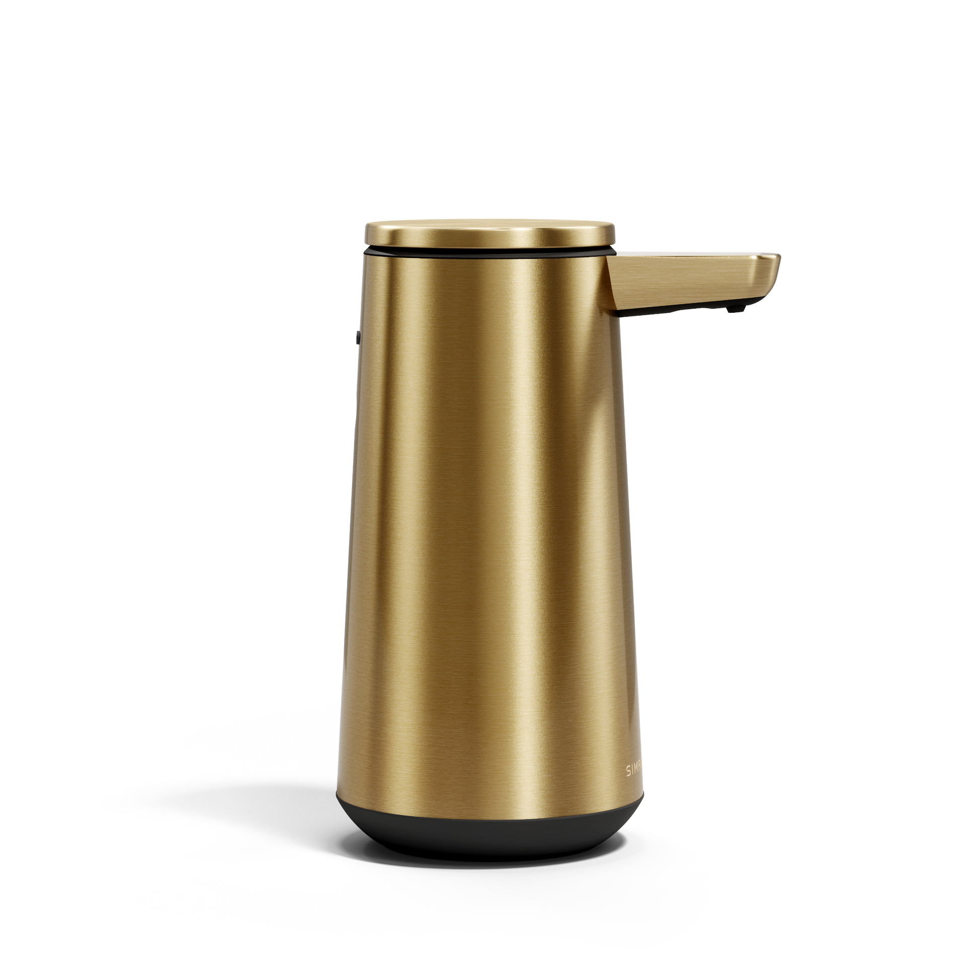 Side view of Simplehuman Brushed Brass Sensor Pump Foam, touch-free foam dispensing, drip-free nozzle.