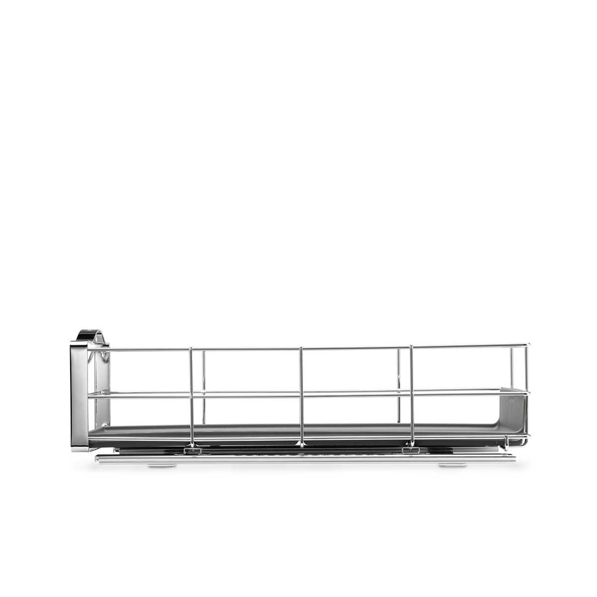 Side view of Simplehuman 9 Inch Pull-Out Cabinet Organizer, Polished Steel, highlighting the smooth glide track.