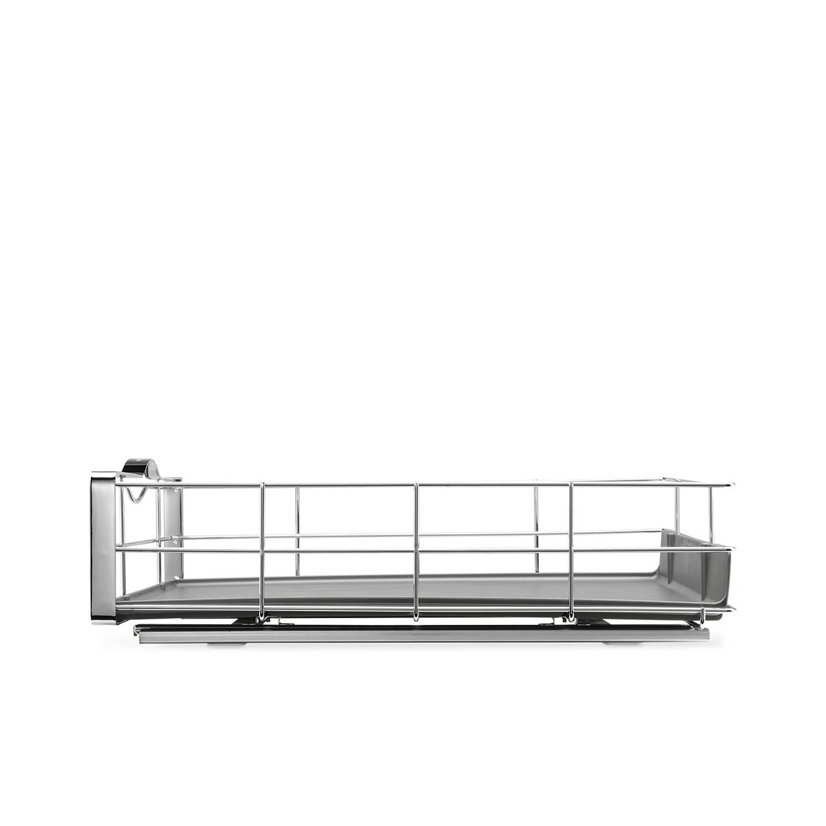 Side view Simplehuman 20 Inch Pull-Out Cabinet Organizer, Polished Stainless Steel with full-extension glides and removable mat.