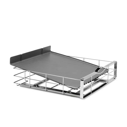 Simplehuman 20 Inch Pull-Out Cabinet Organizer, Polished Stainless Steel, features removable sloped mat.