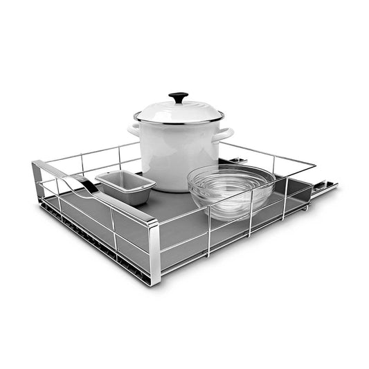 Front view Simplehuman 20 Inch Pull-Out Cabinet Organizer, Polished Stainless Steel, removable mat for easy-clean storage.