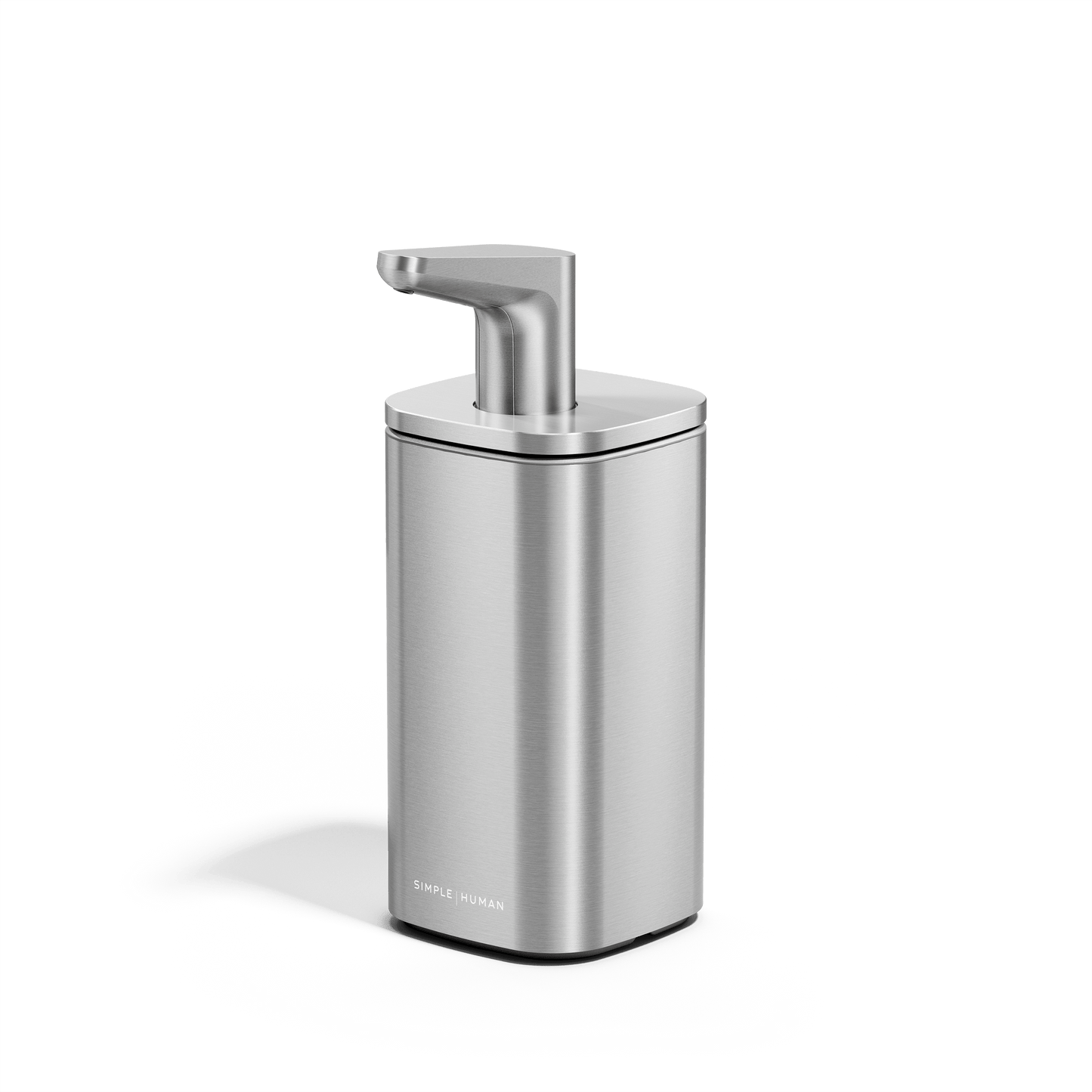 Angled view of Simplehuman 10 oz. Pulse Pump in Brushed Stainless Steel with precise, square design.