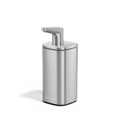 Angled view of Simplehuman 10 oz. Pulse Pump in Brushed Stainless Steel with precise, square design.
