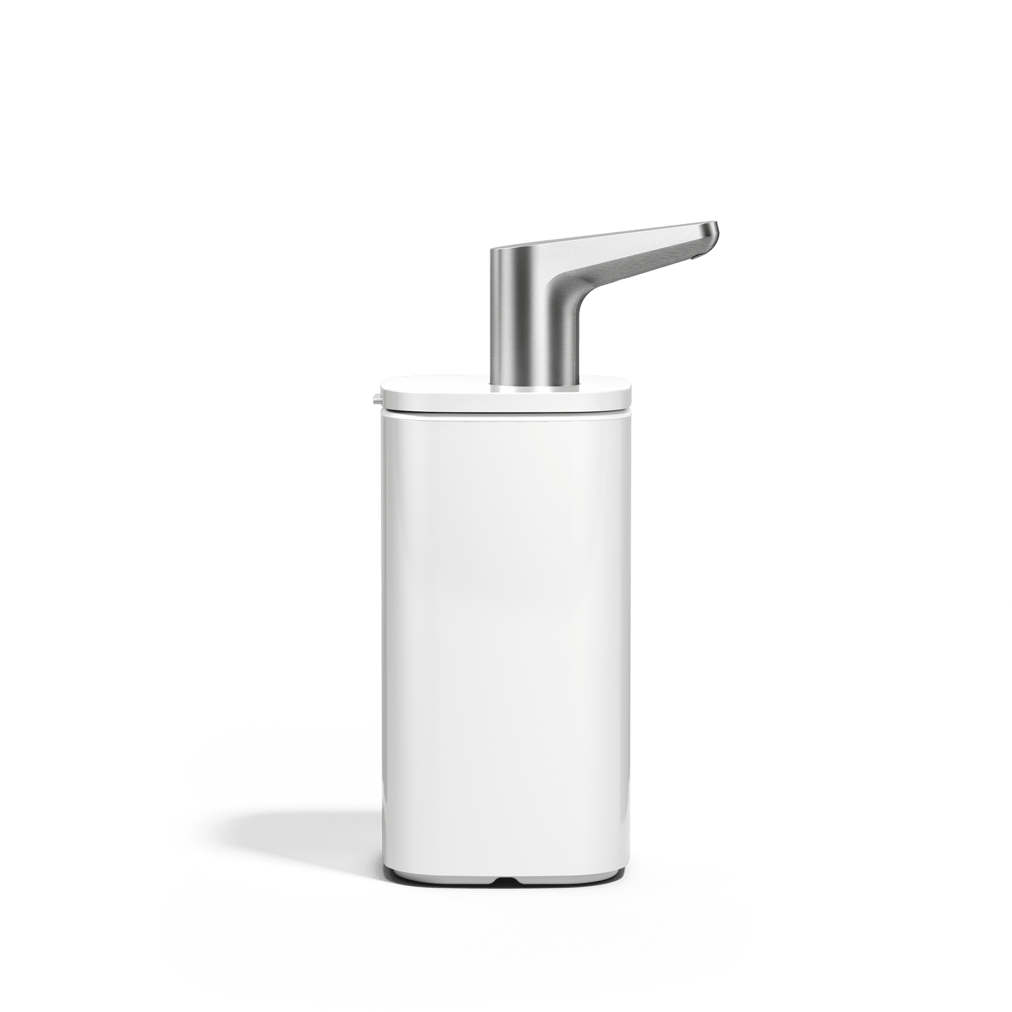 Straight view of Simplehuman 10 oz. Pulse Pump in White with polished steel ergonomic spout.