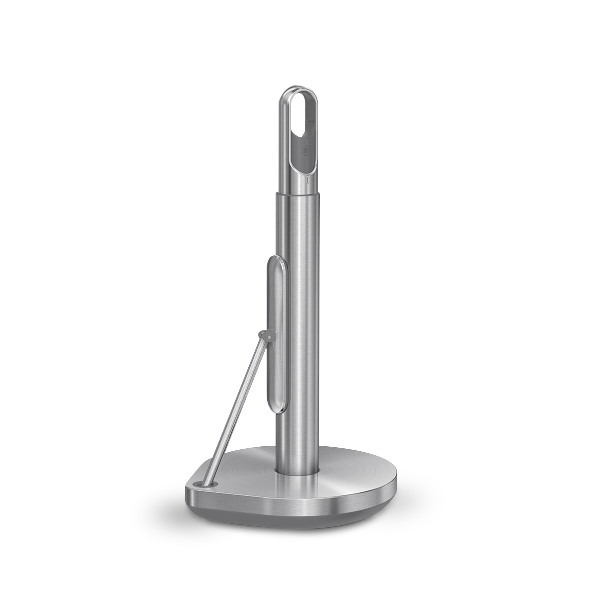 Angled view of Simplehuman Brushed Stainless Steel Paper Towel Holder, showing quick-tear spring arm and spray handle