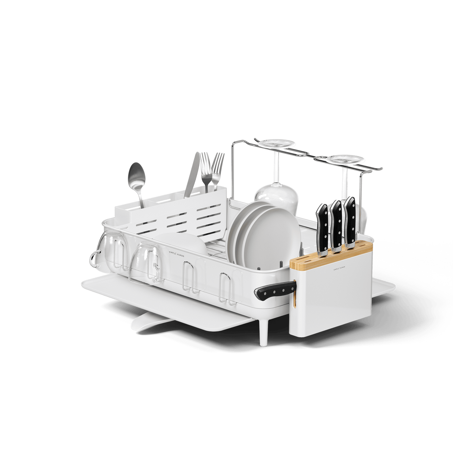 Simplehuman White Steel Frame Dishrack, angled studio view displaying knife block insert, cup hooks, and wine glass rack.