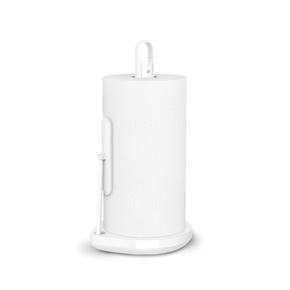 Angled view of Simplehuman White Paper Towel Holder, showing quick-tear arm and removable spray handle.