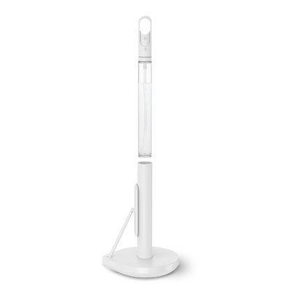Front view of Simplehuman White Paper Towel Holder with removable spray bottle detached, 2-in-1 design.