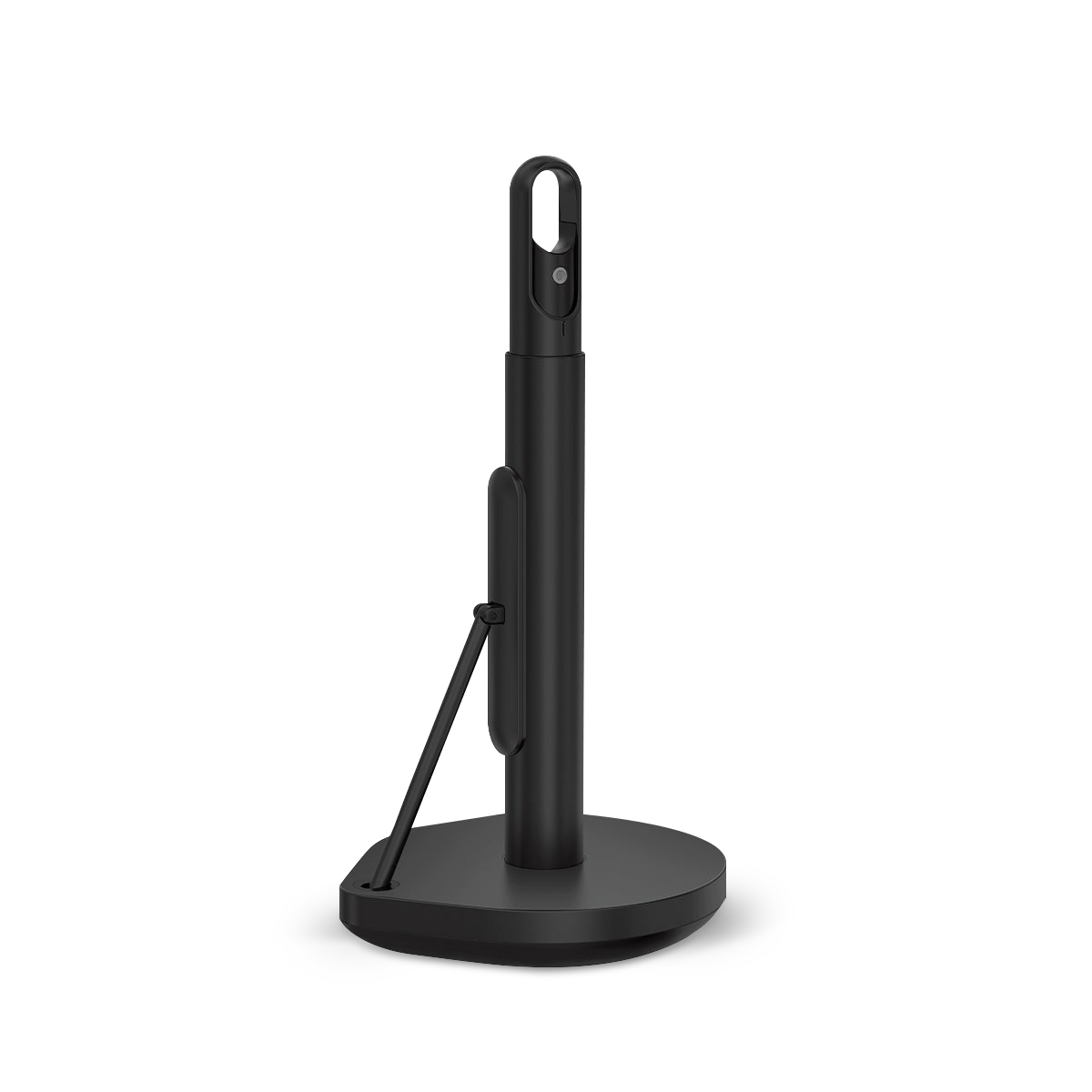 Angled view of Simplehuman Matte Black Paper Towel Holder showing spray bottle holster and tear arm.