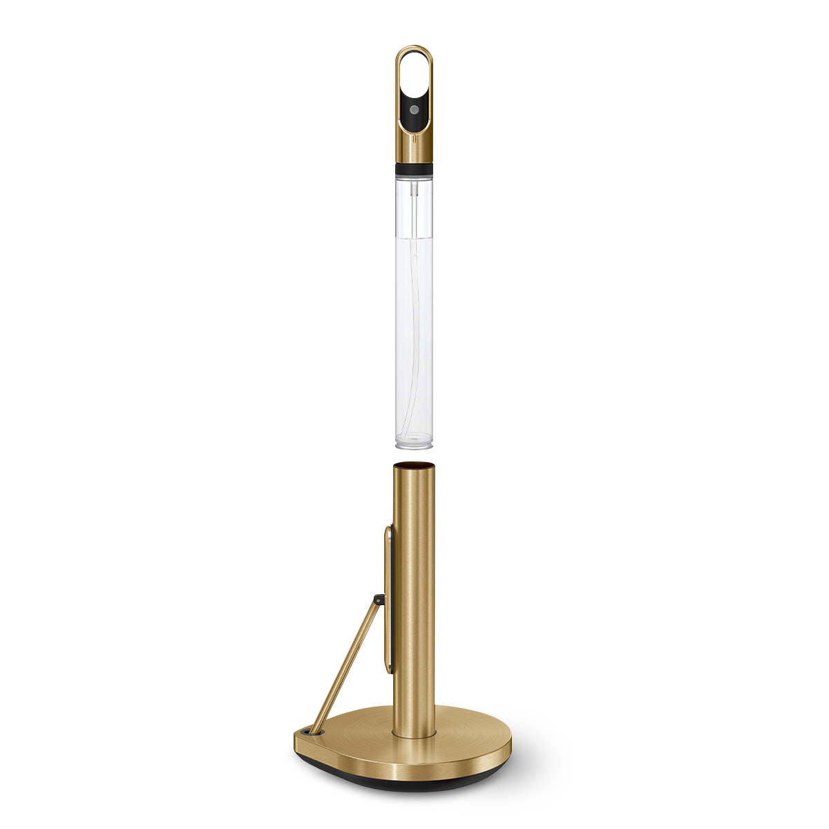Detail view of Simplehuman Brass Paper Towel Holder, showing integrated spray bottle storage and quick-tear arm.