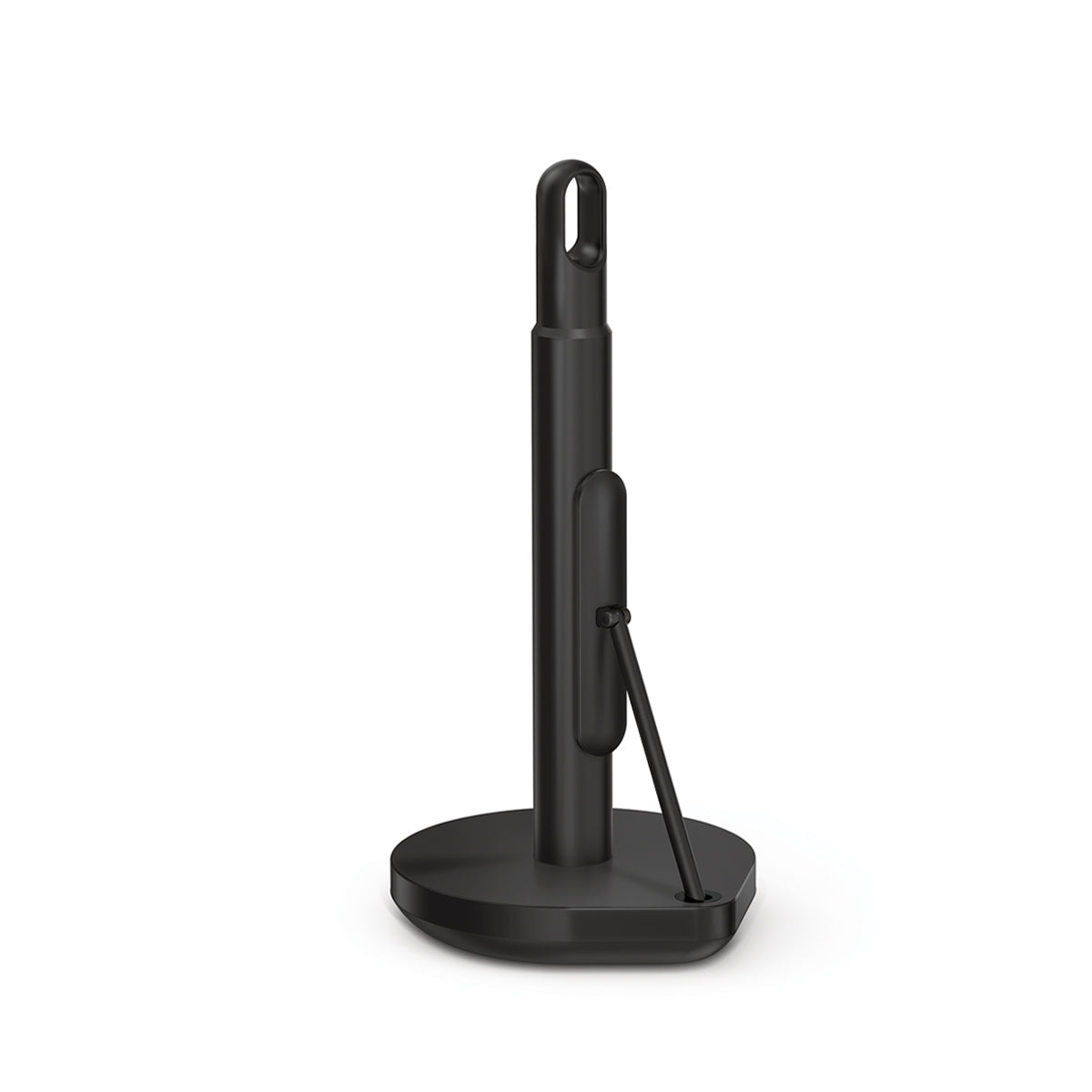 Angled view of Simplehuman Matte Black Tension Arm Paper Towel Holder with stable weighted base.