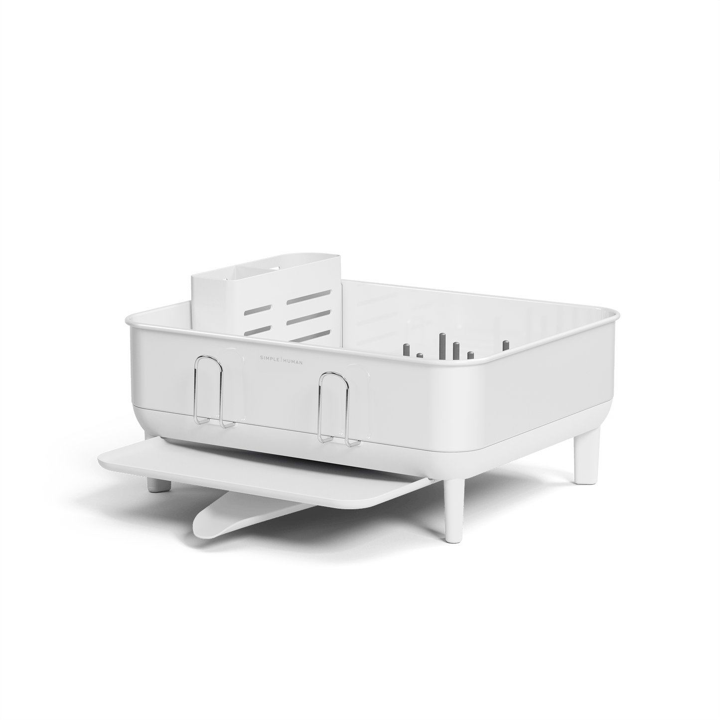 Low-angle view of Simplehuman Compact Steel Frame Dishrack in White, showing adjustable drain spout and utensil caddy.