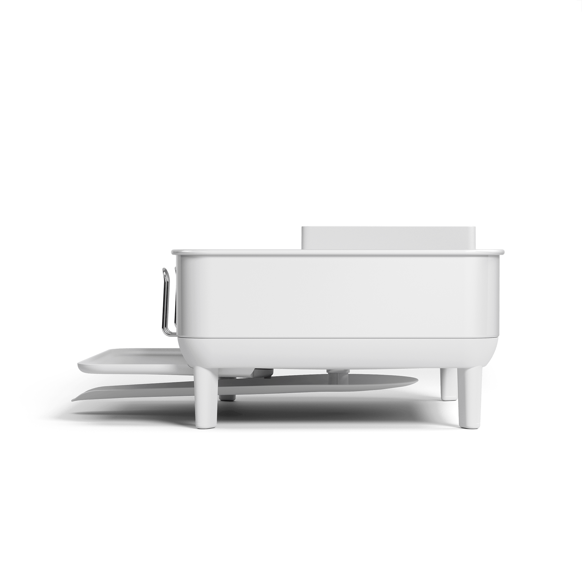 Profile view of Simplehuman Compact Steel Frame Dishrack in White, showing integrated elevated legs and extending drip tray.