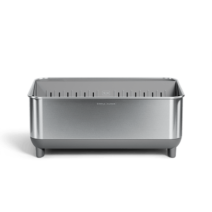 Front view of Simplehuman Brushed stainless steel Bottle Dock with gray base.