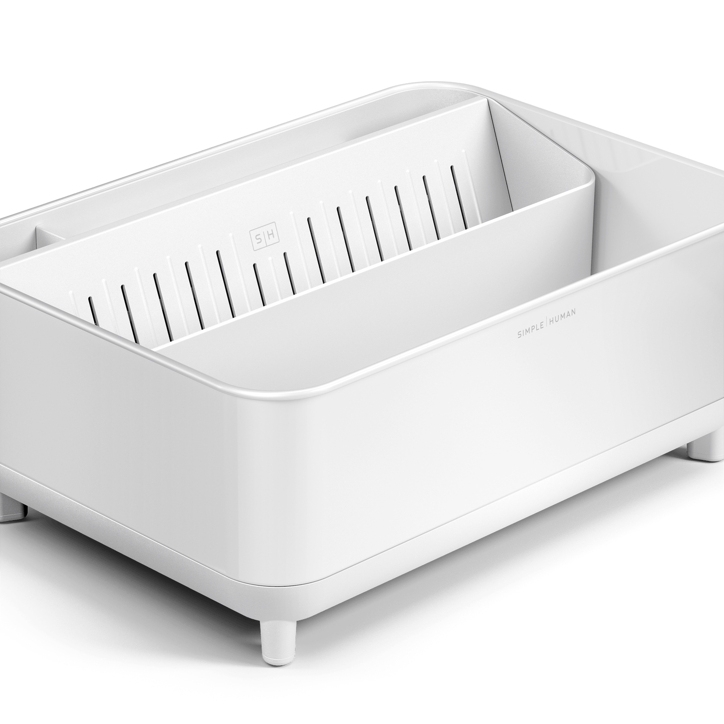 Close-up of Simplehuman White Bottle Dock showing inner drying tray and wire rack supports.
