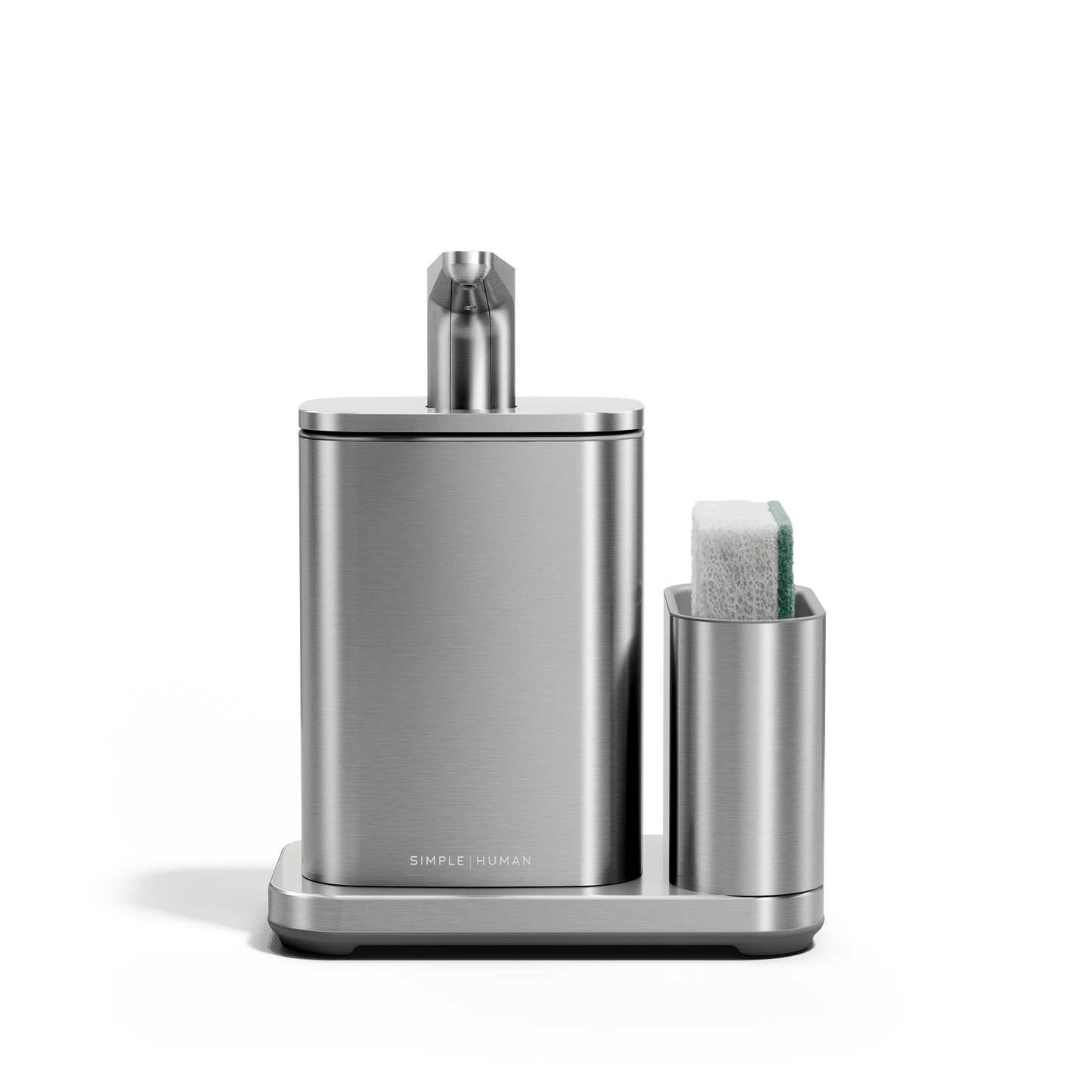 Front view of Simplehuman Brushed stainless steel Pulse Pump with Caddy.