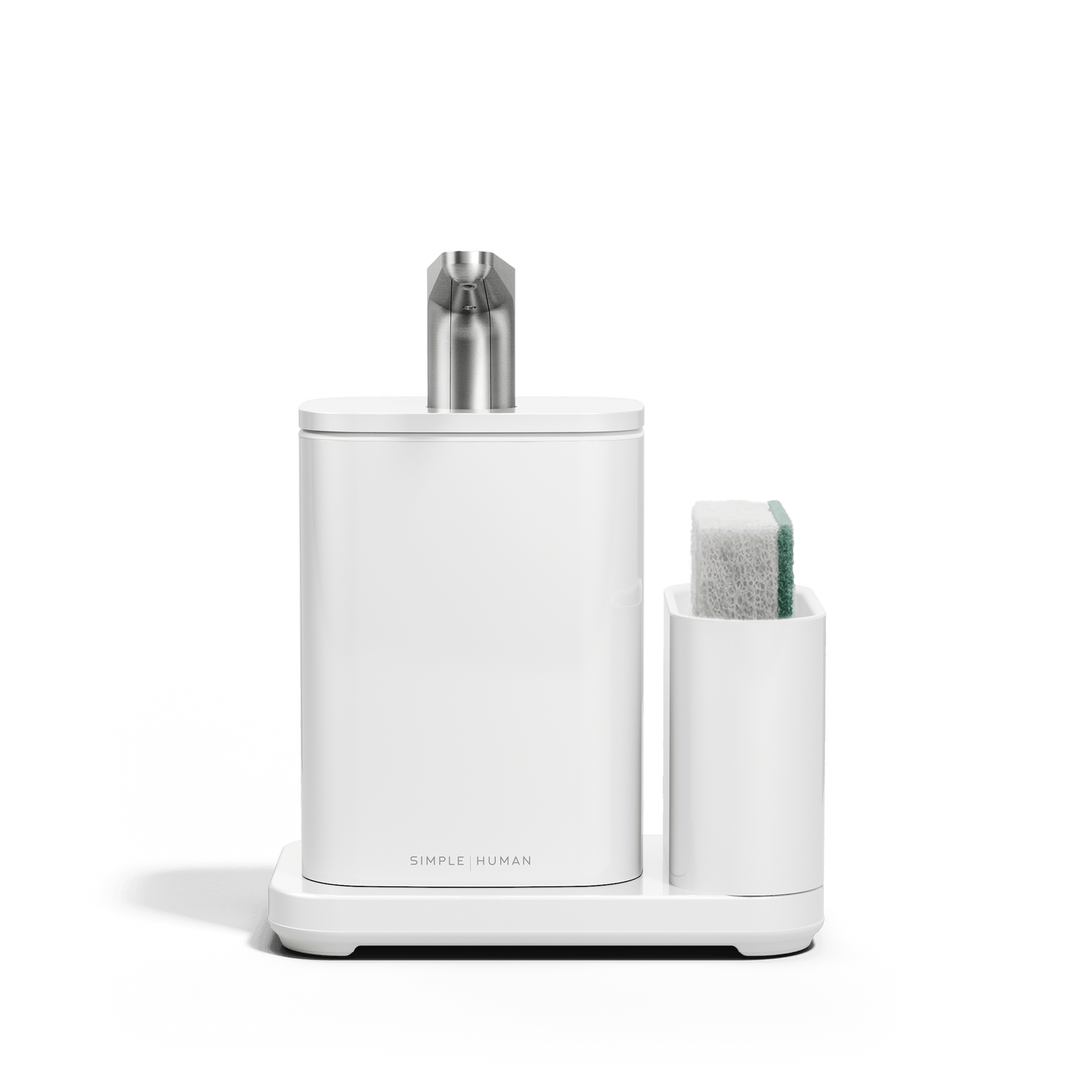 Front view of Simplehuman White Pulse Pump with Caddy with sponge in caddy.